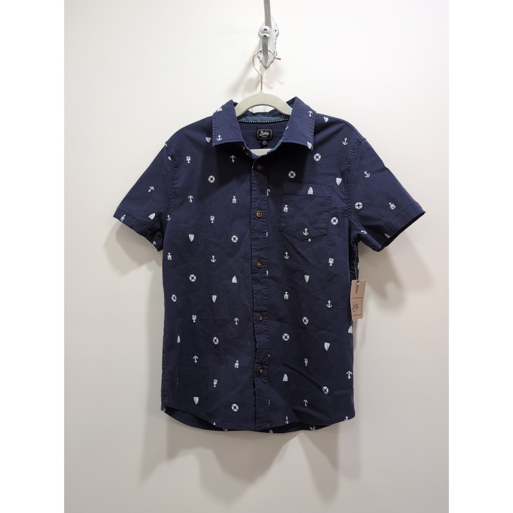 NWT Bixby Nomad Boys Navy Blue Nautical Button Down Short Sleeve Cotton Shirt M‎